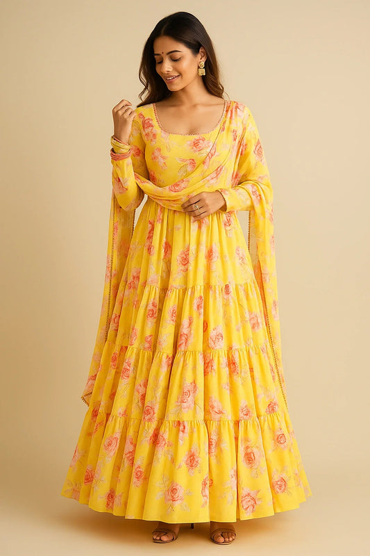 Yellow Georgette Floral Printed Flared Kurti Set
