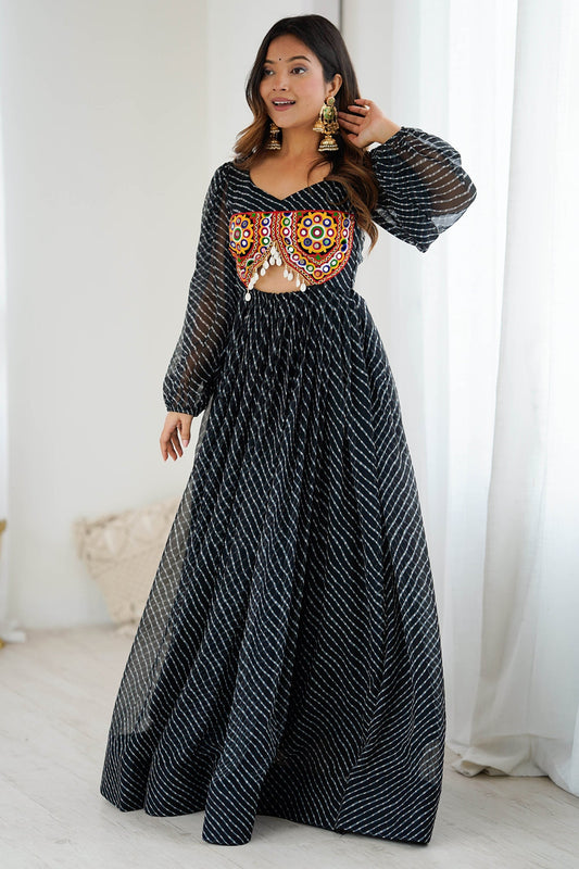 Black Georgette Leheriya Kurti with Kachchi Work