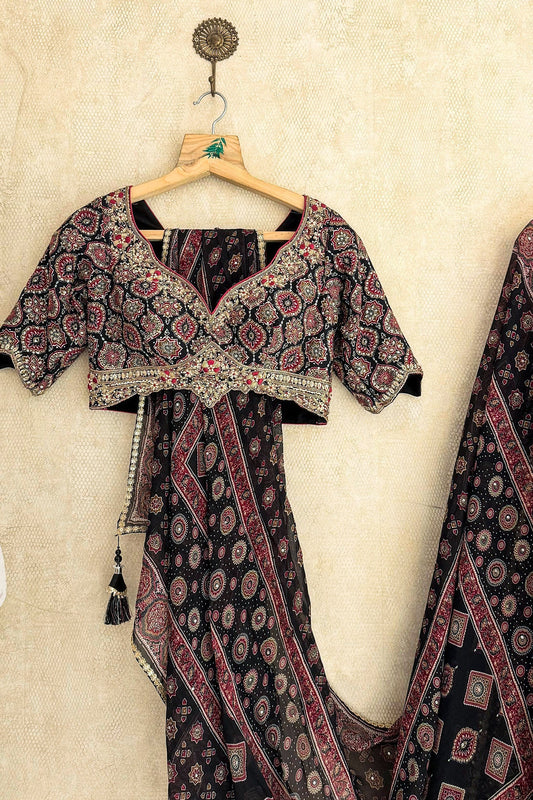 Black Cotton Ajrakh Printed Lehenga with Sequin and Embroidery Work