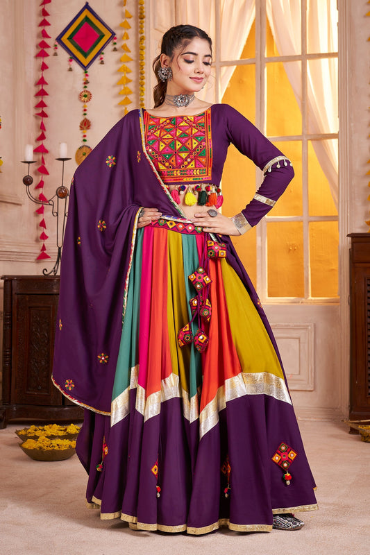Purple and Multi Colored Viscose Cotton Mirror Worked Chaniya Choli