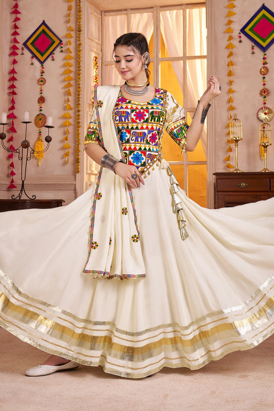 Pearl White Viscose Cotton Kachchi Mirror Worked Chaniya Choli