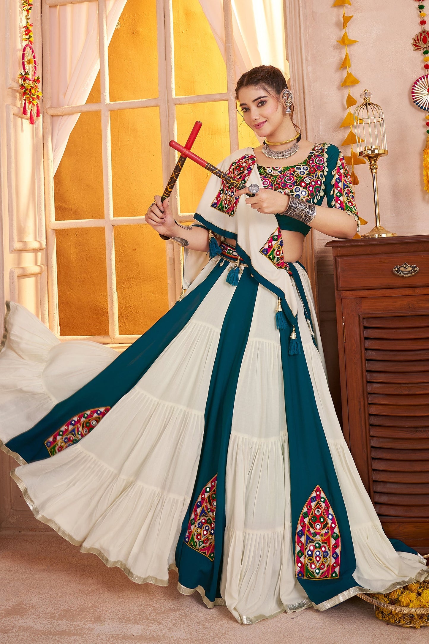 Multi Colored Viscose Cotton Kachchi Mirror Worked Chaniya Choli