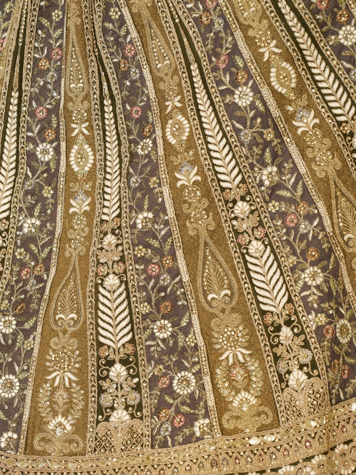 Odette Olive Soft Net Embroidered Semi-Stitched Lehenga For Women