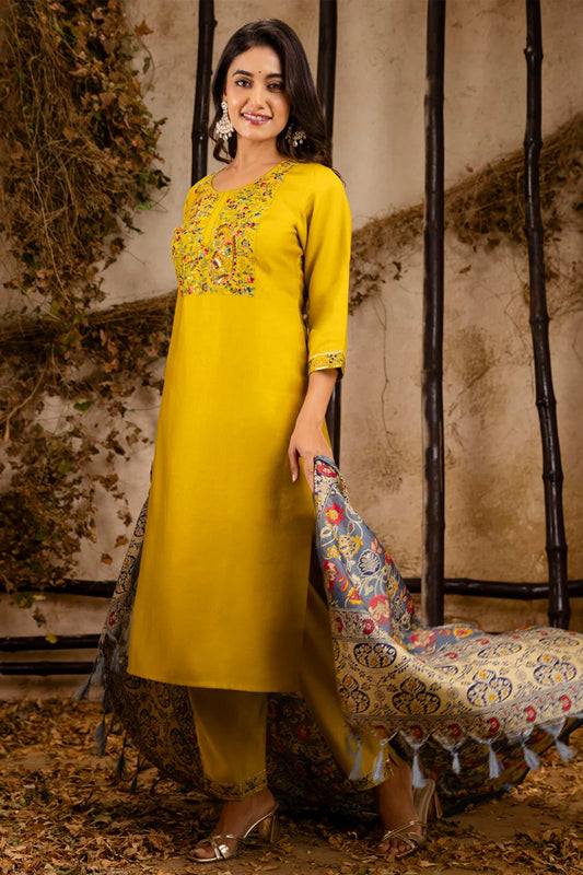 Yellow Viscose Rayon Embroidered Straight Cut Kurti Set