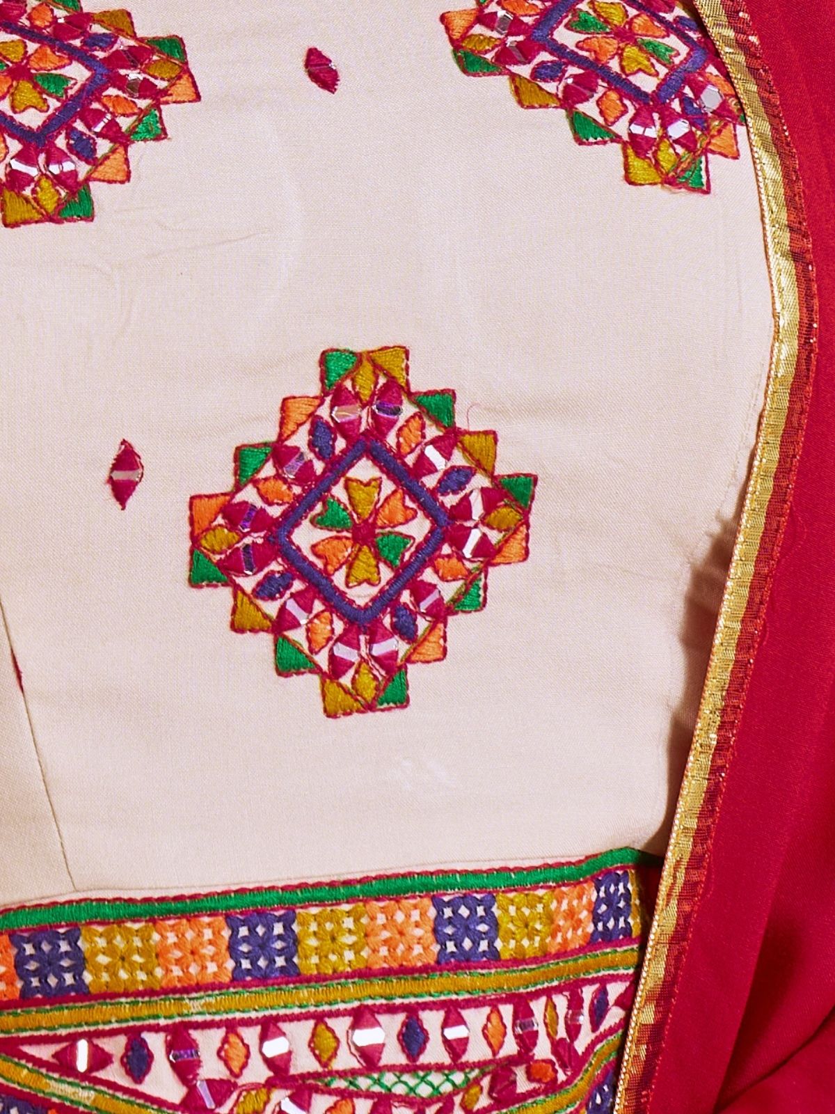 Odette Multicolor Cotton Blend Solid With Golden Border Semi-Stitched Lehenga For Women