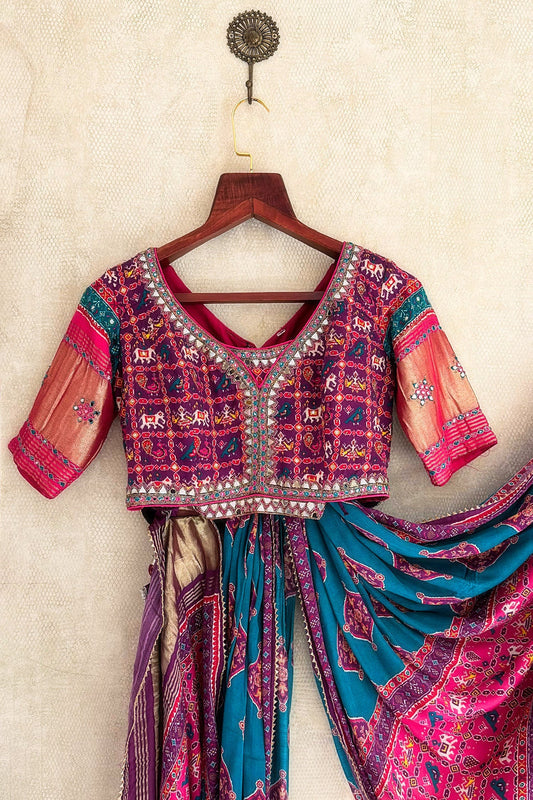 Multi Colored Gaji Silk Printed Lehenga