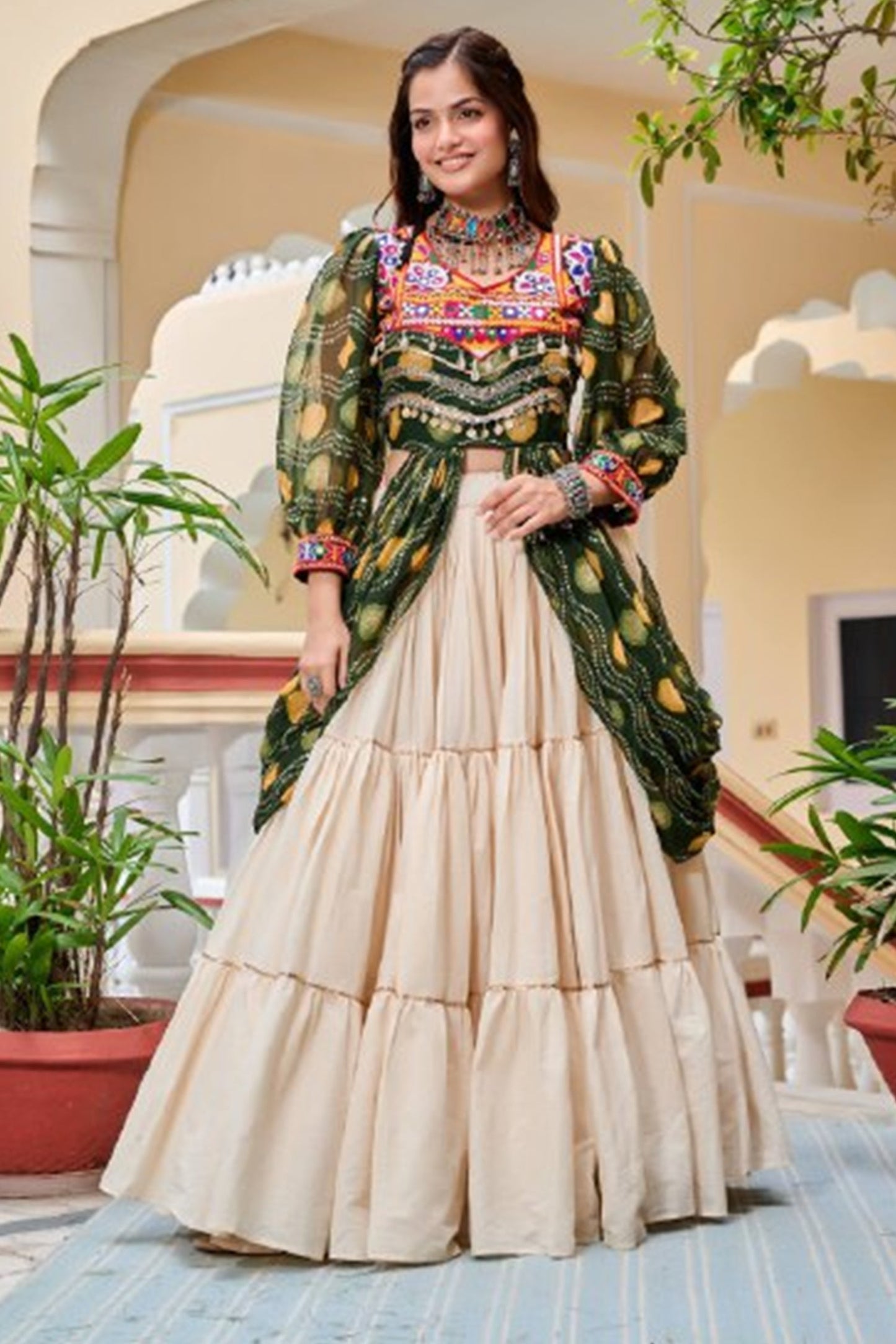Olive Green Cotton Kachchi Work Shrug with Plain Lehenga