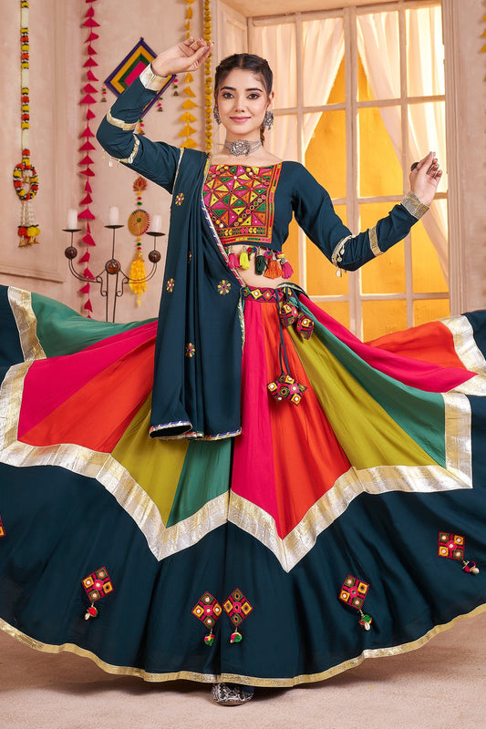 Prussian Blue and Multi Colored Viscose Cotton Mirror Worked Chaniya Choli