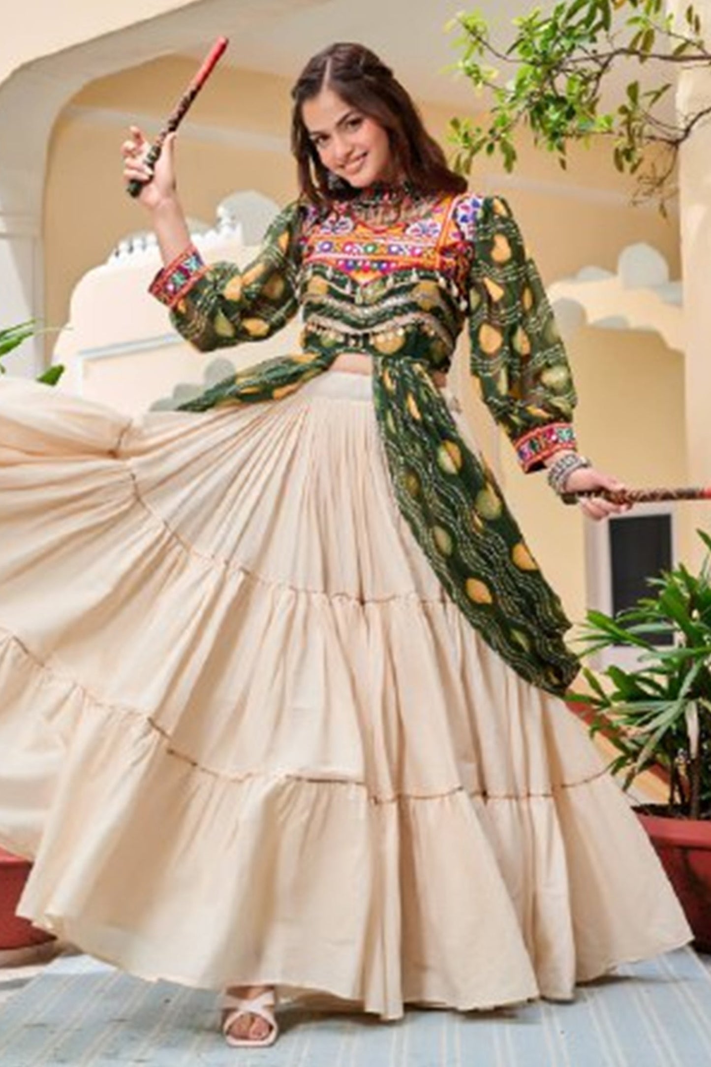 Olive Green Cotton Kachchi Work Shrug with Plain Lehenga