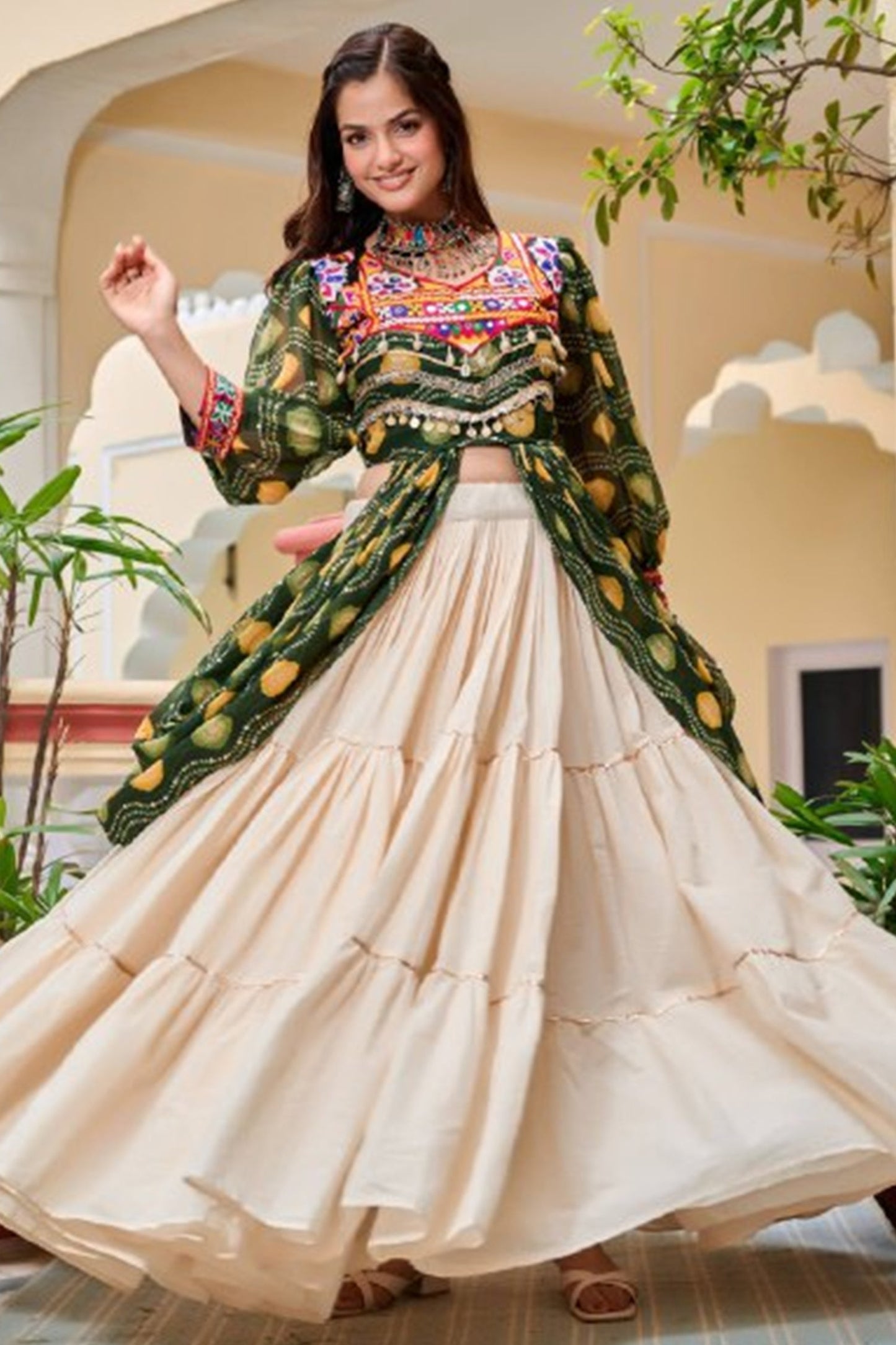 Olive Green Cotton Kachchi Work Shrug with Plain Lehenga