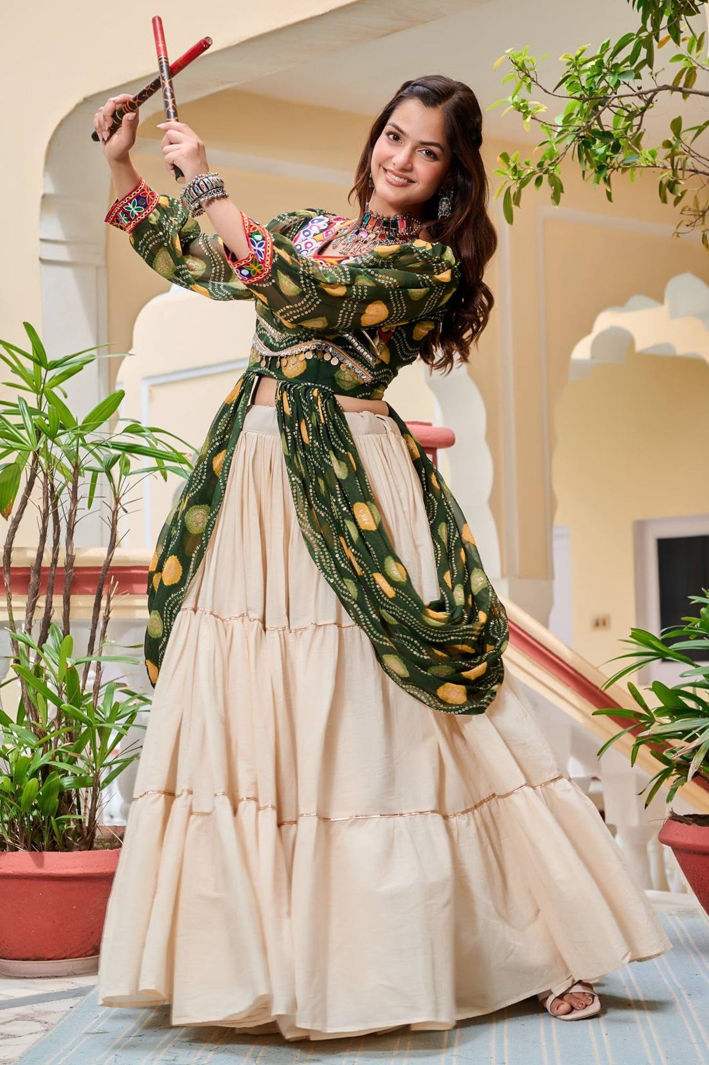 Olive Green Cotton Kachchi Work Shrug with Plain Lehenga