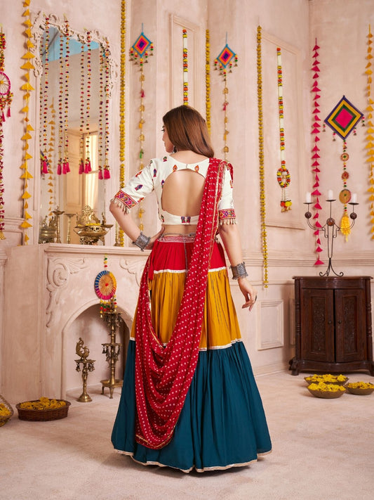 Odette Multicolor Cotton Blend Solid With Golden Border Semi-Stitched Lehenga For Women