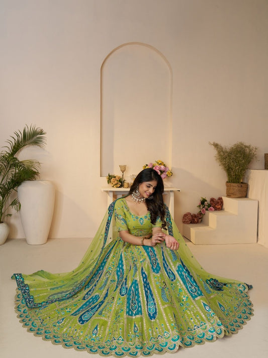 Odette Green Banarasi Silk Embroidered Semi-Stitched Lehenga For Women