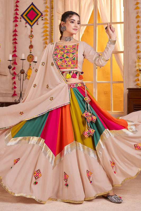 Beige and Multi Colored Viscose Cotton Printed Chaniya Choli with Mirror Work