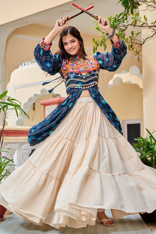 Blue Cotton Kachchi Work Shrug with Plain Lehenga