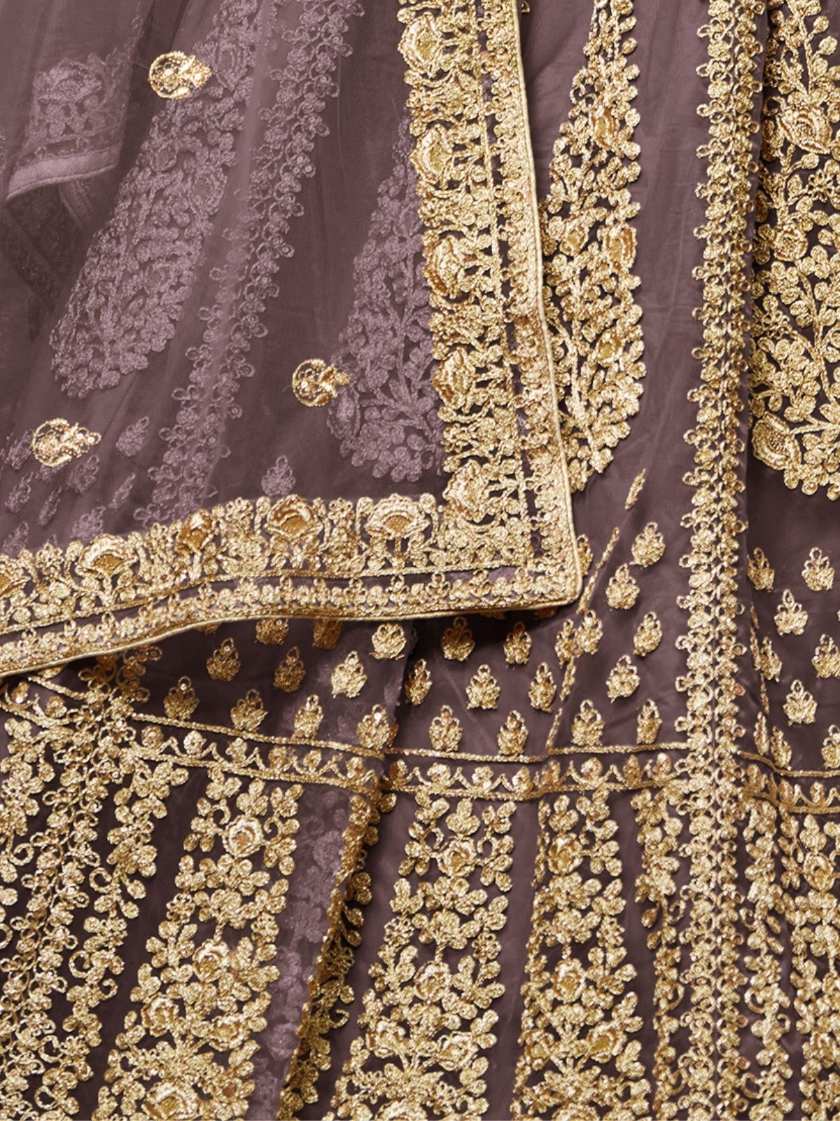 Odette Purple Net Embroidered Semi-Stitched lehenga For Women