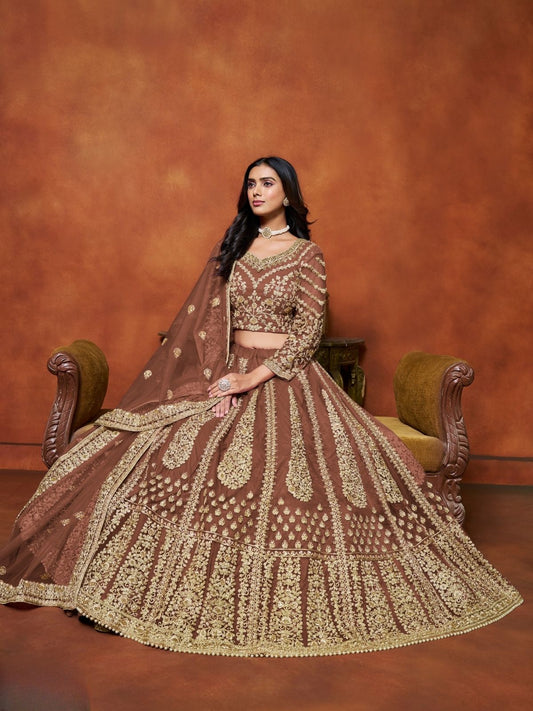 Odette Brown Net Embroidered Semi-Stitched lehenga For Women