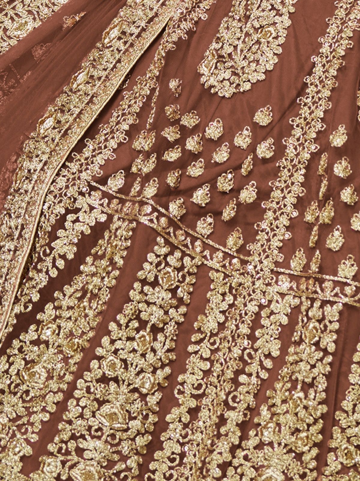 Odette Brown Net Embroidered Semi-Stitched lehenga For Women