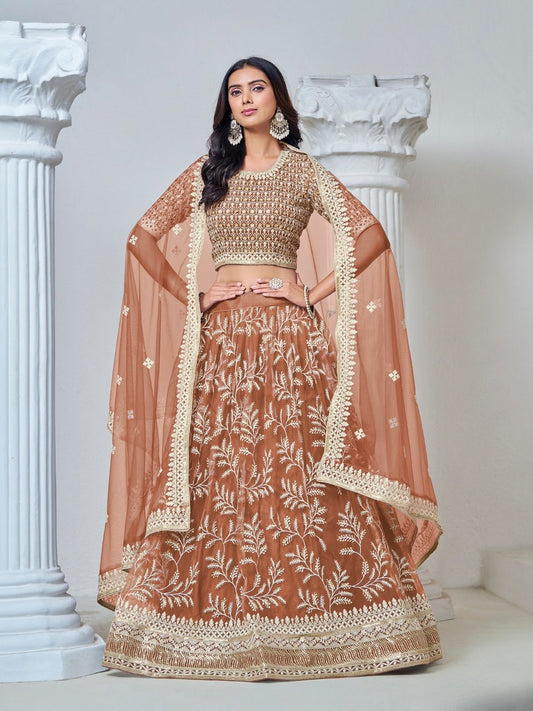Odette Light Brown Net Embroidered Semi-Stitched lehenga For Women