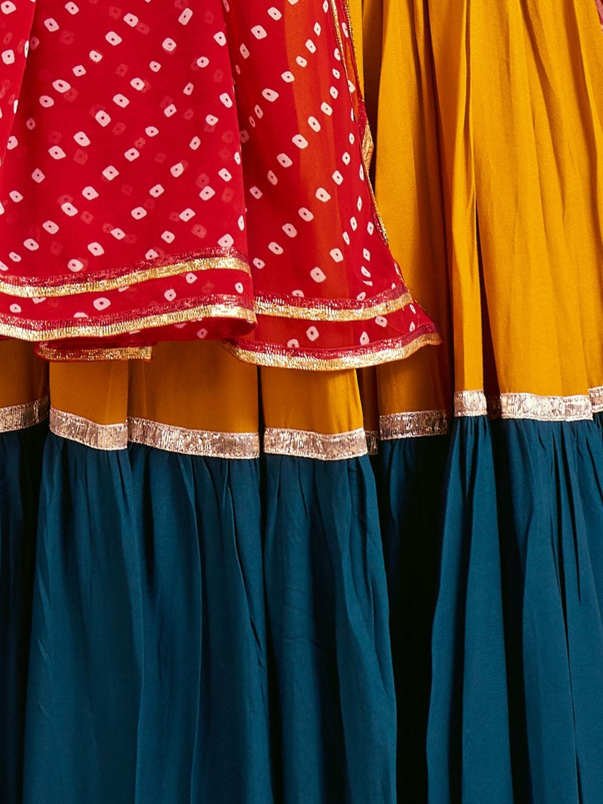 Odette Multicolor Cotton Blend Solid With Golden Border Semi-Stitched Lehenga For Women