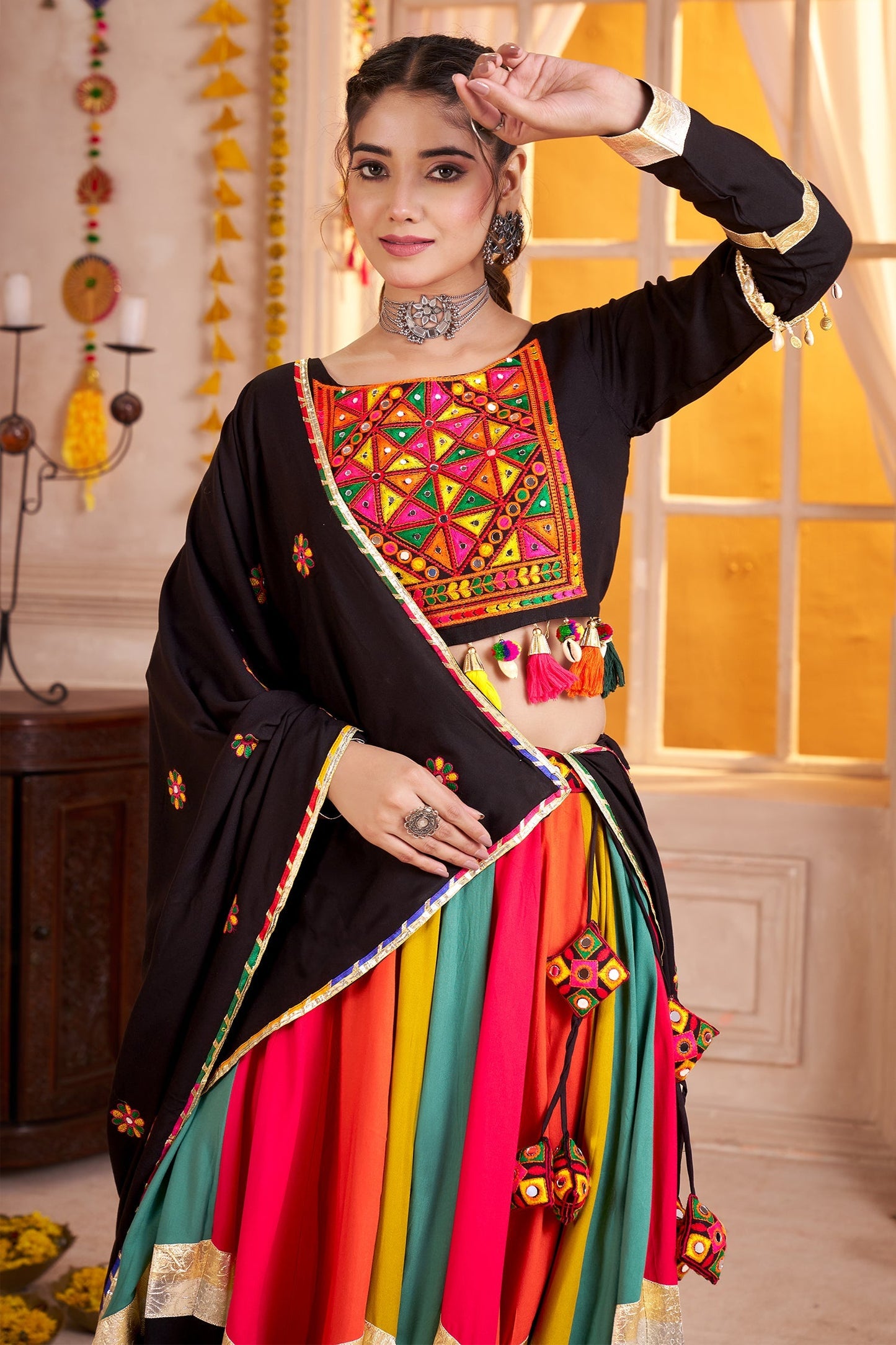 Multi Colored Viscose Cotton Printed Chaniya Choli with Mirror Work