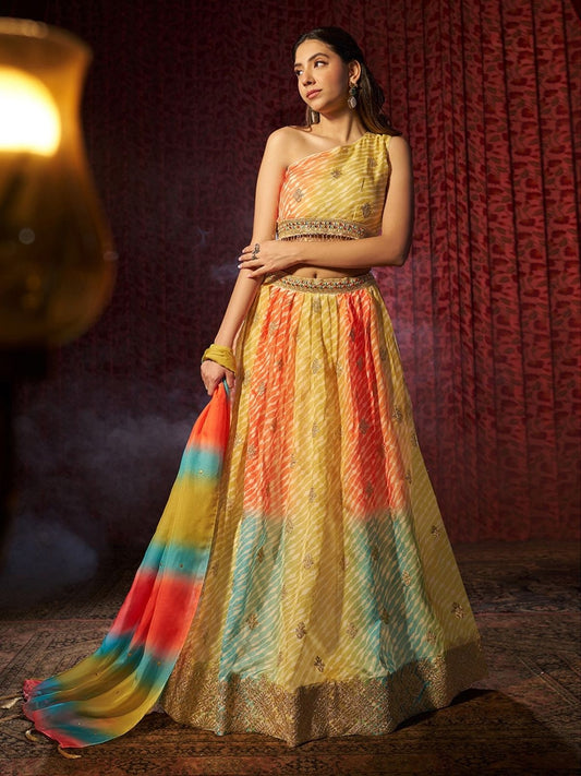 Odette Multicolor Organza Embroidered Semi-Stitched Lehenga For Women