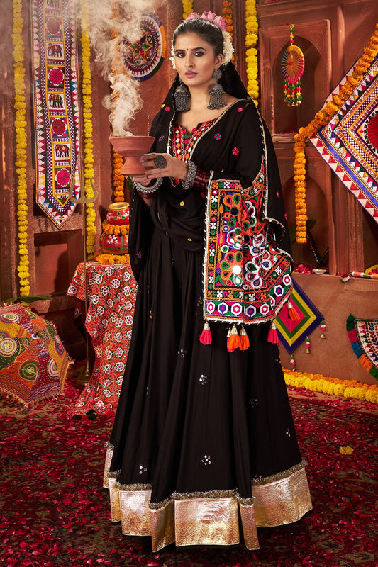 Black Viscose Cotton Kachchi Worked Chaniya Choli