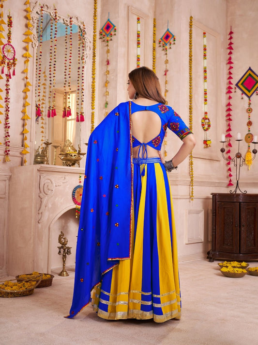 Odette Blue Cotton Blend Solid With Golden Border Semi-Stitched Lehenga For Women