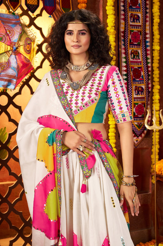 Pearl White Gaji Silk Printed and Mirror Worked Chaniya Choli