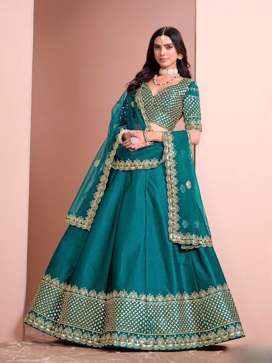 Odette Blue Art Silk Embellished Semi-Stitched lehenga For Women