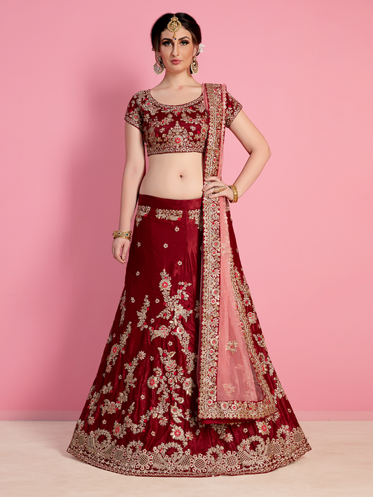 Odette Women Red Embroidered Velvet Silk Semi Stitched Lehenga With Unstitched Blouse