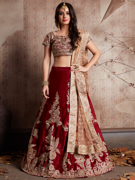 Odette Women Maroon Embroidered Semi Stitched Lehenga With Unstitched Blouse