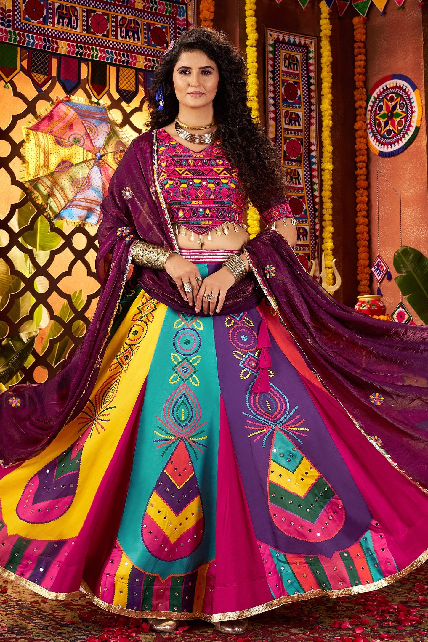 Multi Colored Printed and Mirror Worked Chaniya Choli