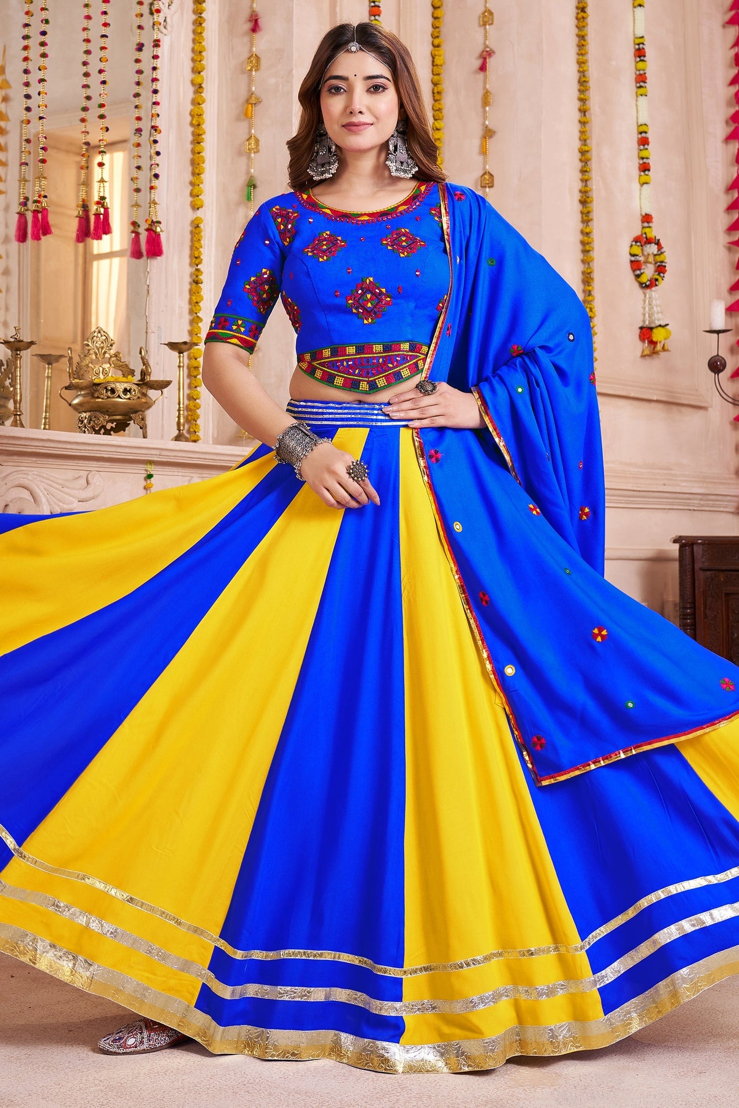 Multi Colored Viscose Flared Chaniya Choli with Lampi Border