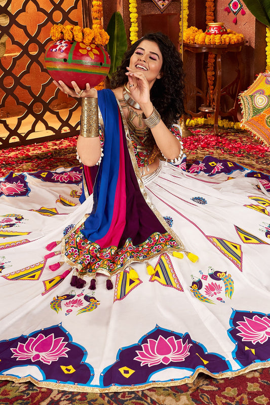 Off White Gaji Silk Printed and Mirror Worked Chaniya Choli