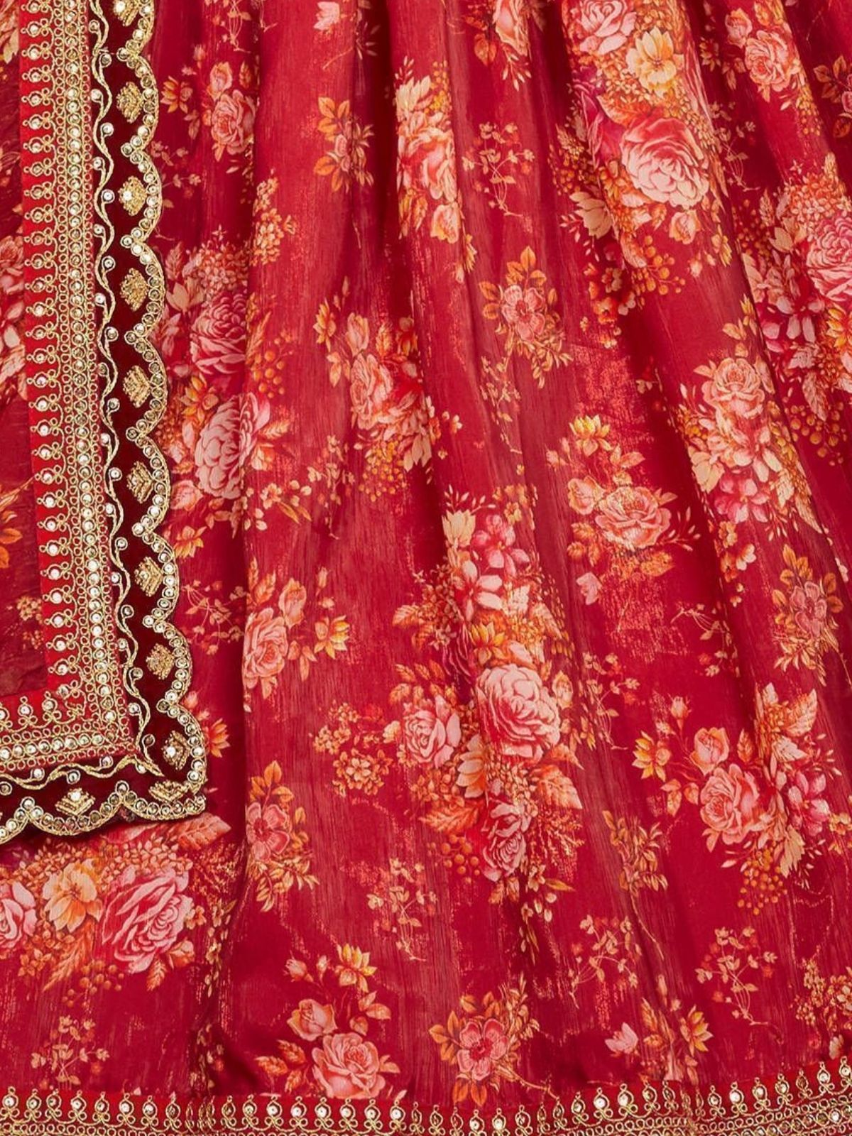 Odette Maroon Organza Printed Semi-Stitched lehenga For Women
