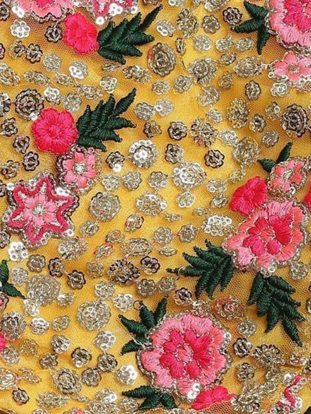 Odette Yellow Net Embroidered Semi-Stitched lehenga For Women