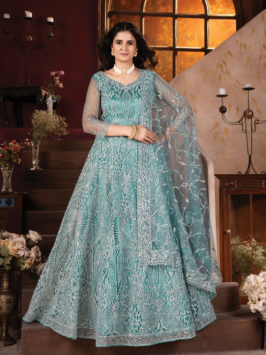 Odette Blue Net Embroidered Semi-Stitched lehenga For Women