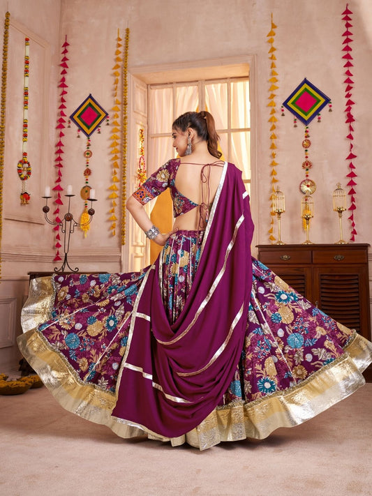 Odette Purple Cotton Blend Embroidered Semi-Stitched Lehenga For Women