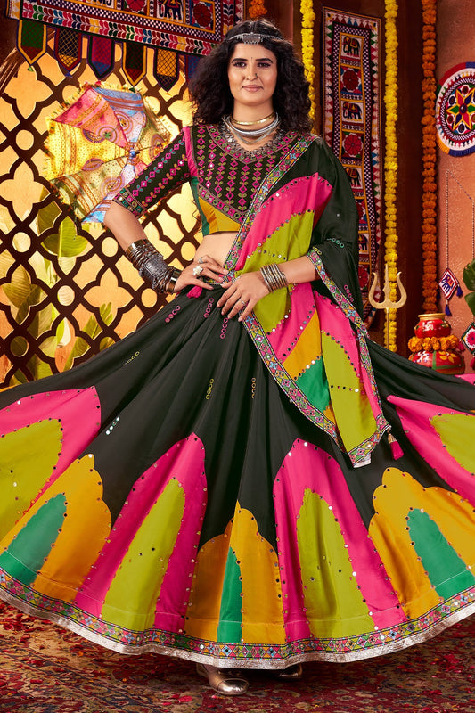 Black and Multi Colored Gaji Silk Printed and Mirror Worked Chaniya Choli