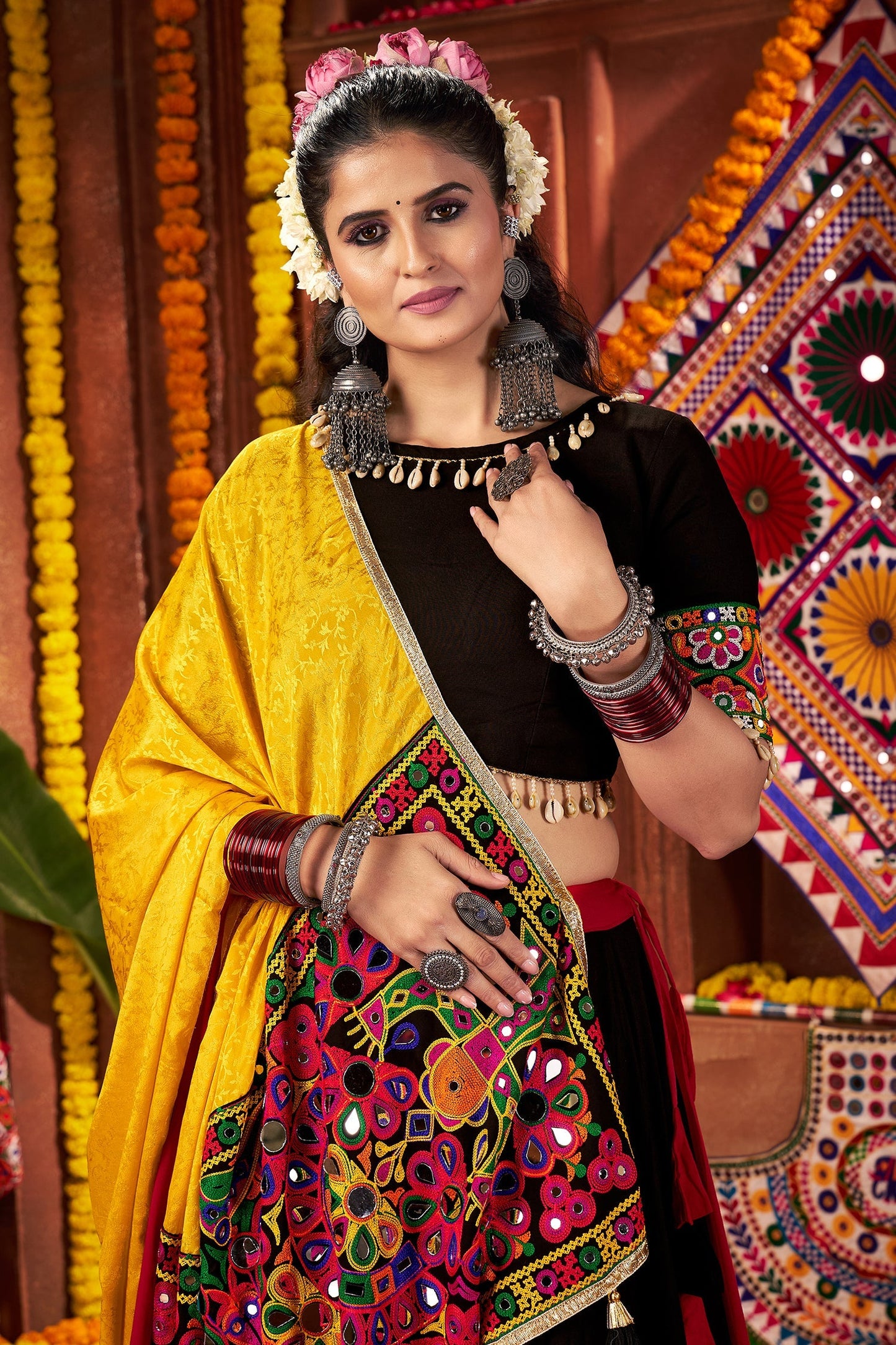 Multi Colored Viscose Cotton Kachchi Embroidered Chaniya Choli