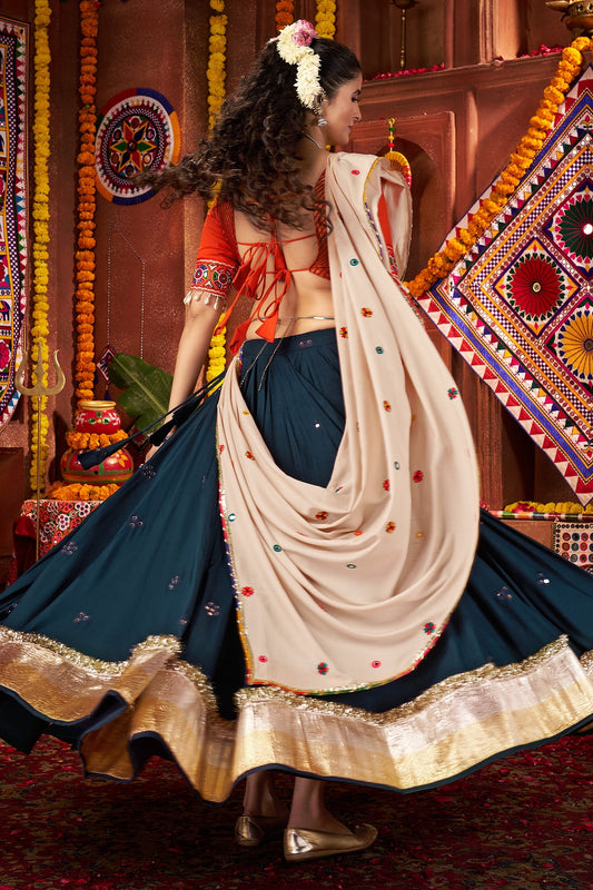 eal Blue Viscose Cotton Mirror Worked Chaniya Choli with Kachchi Work Dupatta