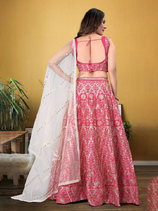 Odette Pink Silk Blend Embellished Semi-Stitched Lehenga For Women