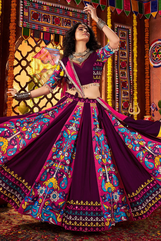 Purple Viscose Cotton Printed and Mirror Embroidery Worked Chaniya Choli