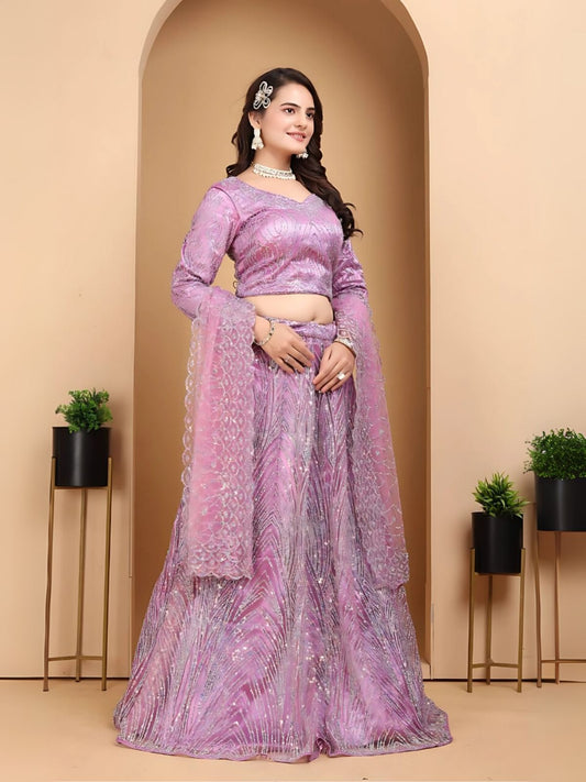 Odette Lavender Net Embellished Semi-Stitched lehenga For Women