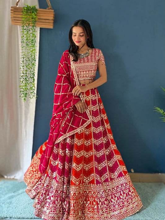 Odette Pink And Orange Georgette Embellished Semi-Stitched lehenga For Women