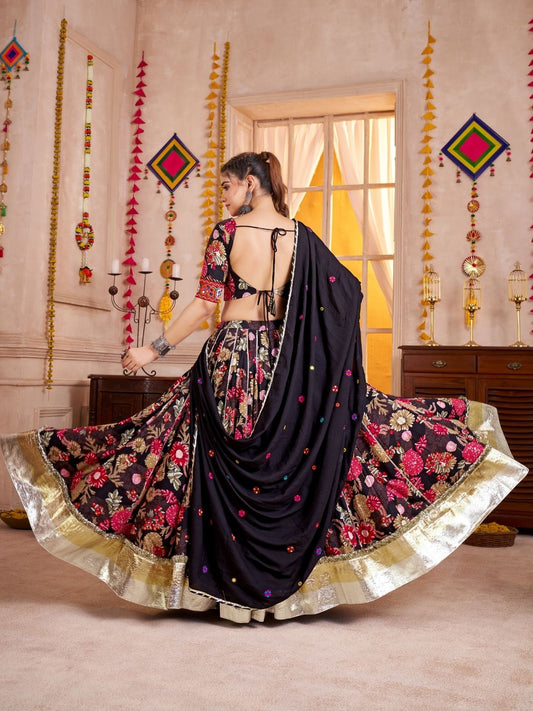 Odette Black Cotton Blend Embroidered Semi-Stitched Lehenga For Women