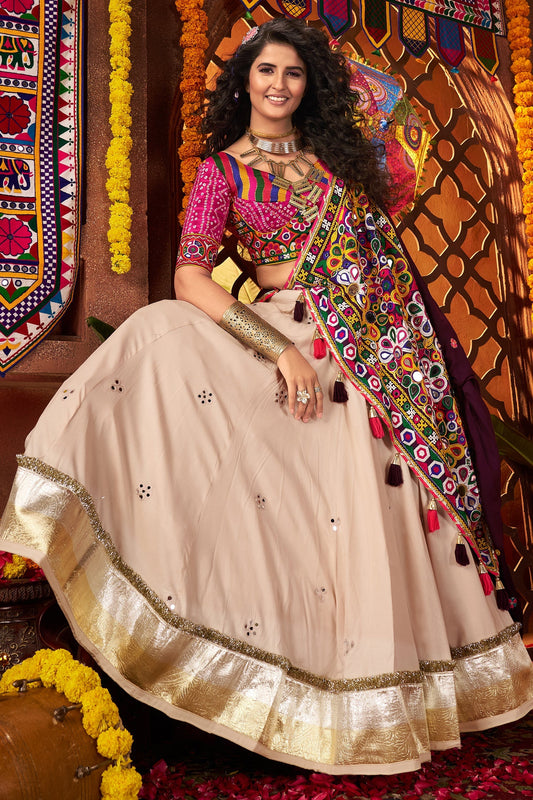 Beige Cotton Mirror Worked Chaniya Choli with Kachchi Work Dupatta
