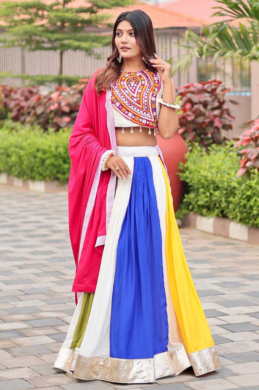 Multi Colored Cotton Plain Chaniya with Kachchi Work Choli