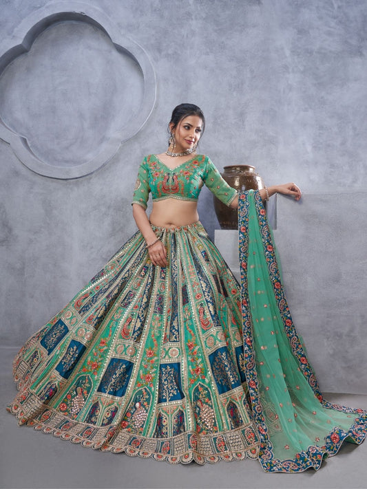 Odette Green Organza Embellished Semi-Stitched Lehenga With Unstitched Blouse For Women